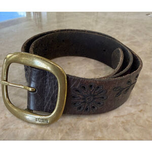 Women's LRL Brown Leather Floral Embroidered Belt Vintage tooled and pierced med